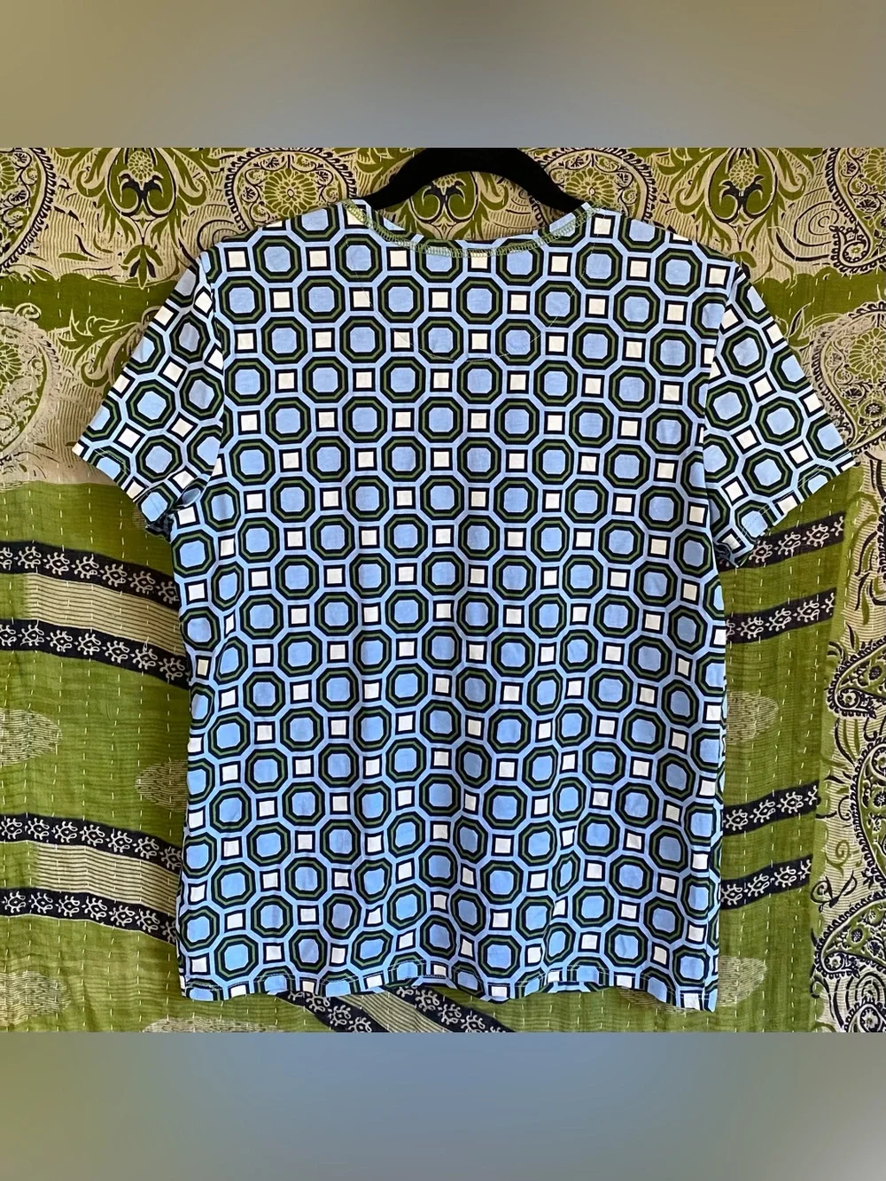 Tory Burch Louis Blue/ White/ Green Geometric Print Cotton T-Shirt Size Medium